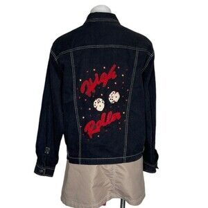 CAROLE LITTLE Sport Black Cotton Trucker Jacket HIGH ROLLER Dice Back VINTAGE 16